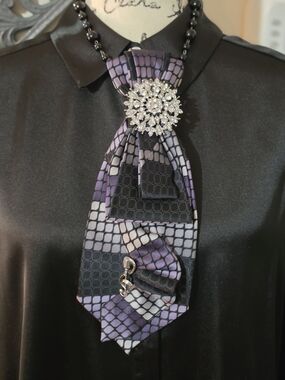 Purple Geometric Silk Neck Tie Necklace with Rhinestone Brooch & Musical Pin